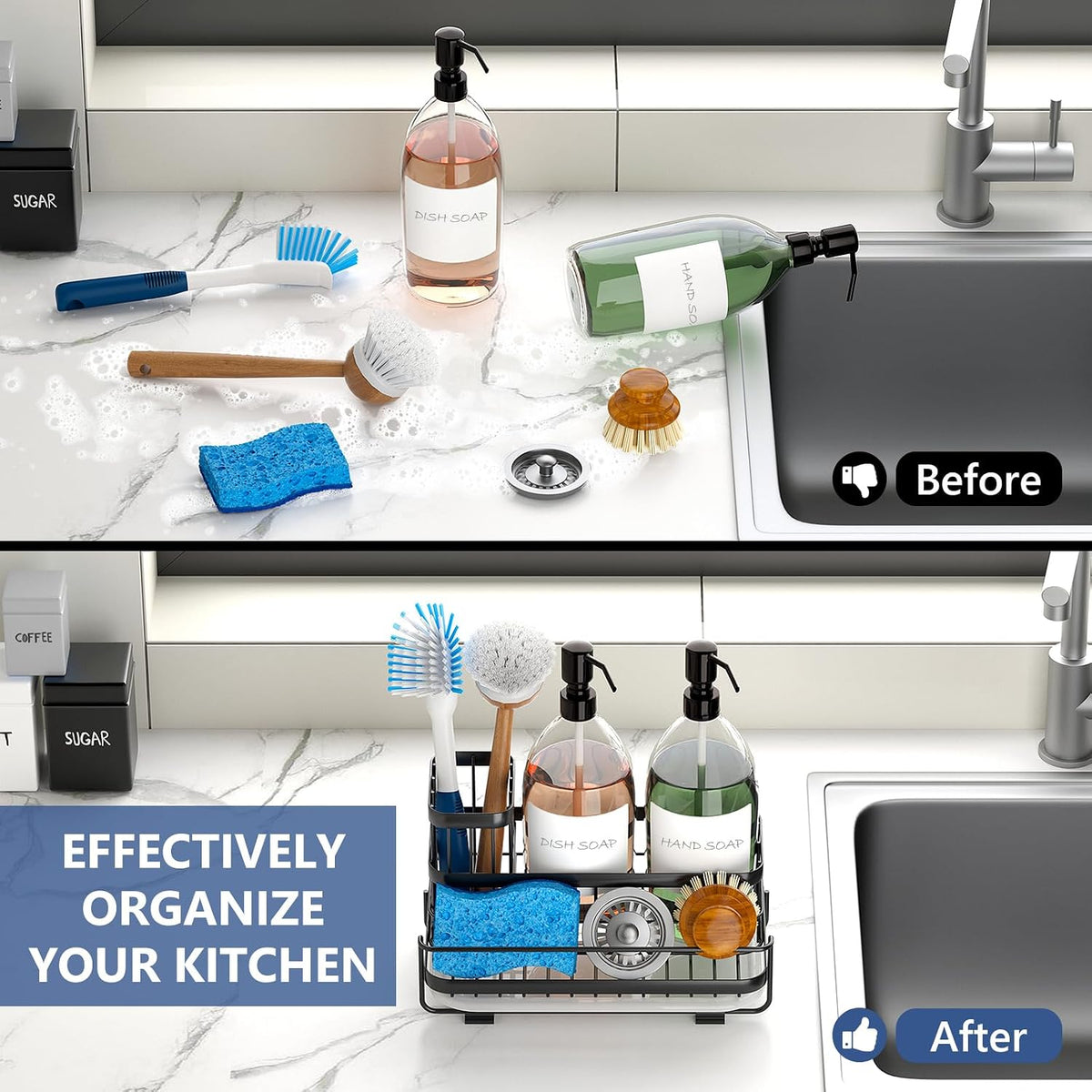 Trendy Sink Caddy Kitchen Organizer, Non-Slip Dish Soap Dispenser Rack with Drain Tray, Rustproof Brush Holder for Countertop Storage (Matte Black) - view 7