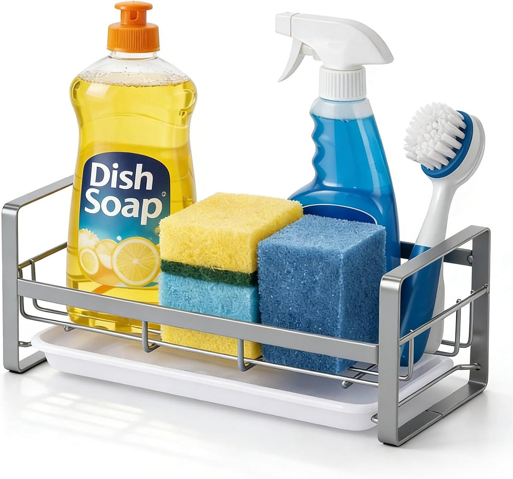 Kitchen Sink Sponge Holder, 304 Stainless Steel Kitchen Soap Dispenser Caddy Organizer, Countertop Soap Dish Rack Drainer with Removable Drain Tray, not Including Dispenser and Brush | Removable Drain Tray, Holds Sponges Soap Bottles Brushes, Countertop S - view 8