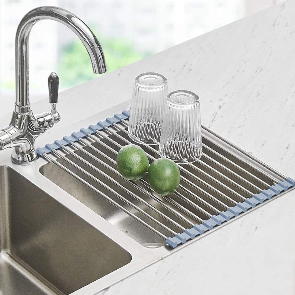 Roll Up Dish Drying Rack, Over the Sink Dish Drying Rack Kitchen Rolling Dish Drainer, Foldable Sink Rack Mat Stainless Steel Wire Dish Drying Rack for Kitchen Sink Counter Storage 17.5x11.8
