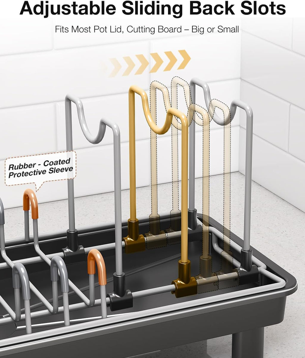 Small Dish Drying Rack with Drainboard, Compact for Kitchen Counter, Black | Rustproof carbon steel with rotating spout, adjustable slots, removable utensil caddy. Space-saving - view 6