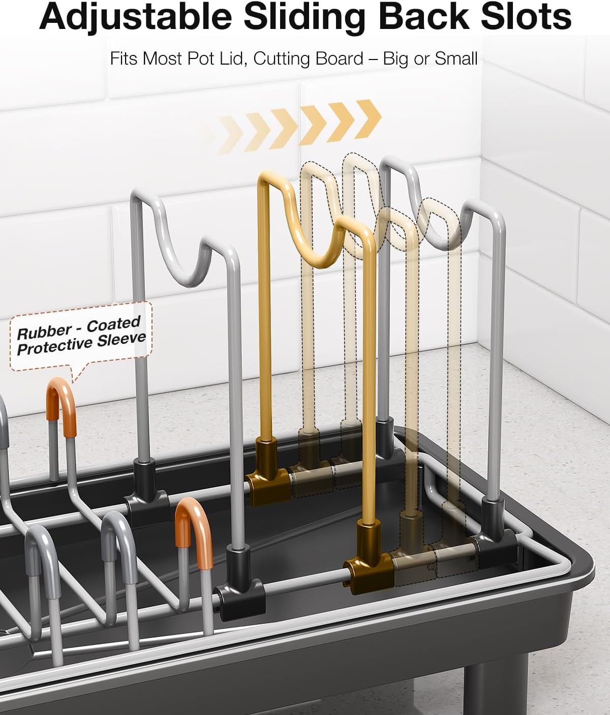 Small Dish Drying Rack with Drainboard, Compact for Kitchen Counter, Black | Rustproof carbon steel with rotating spout, adjustable slots, removable utensil caddy. Space-saving - view 6
