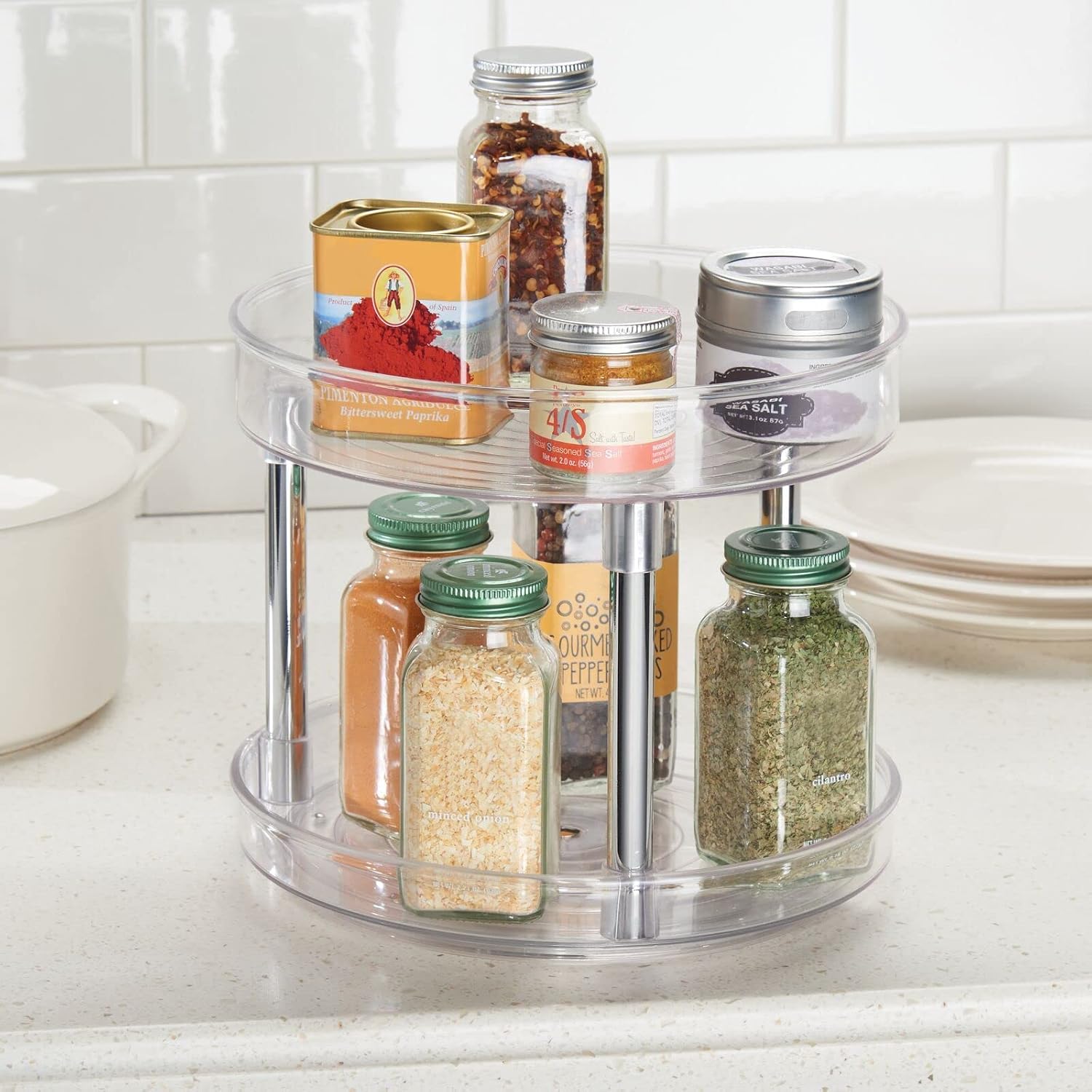2-tier lazy susan turntable for kitchen cabinets, shelf, table, countertop, 9" multi level rotating organizer carousel, storage turntable organizer, 2 pack, clear/chrome - view 3