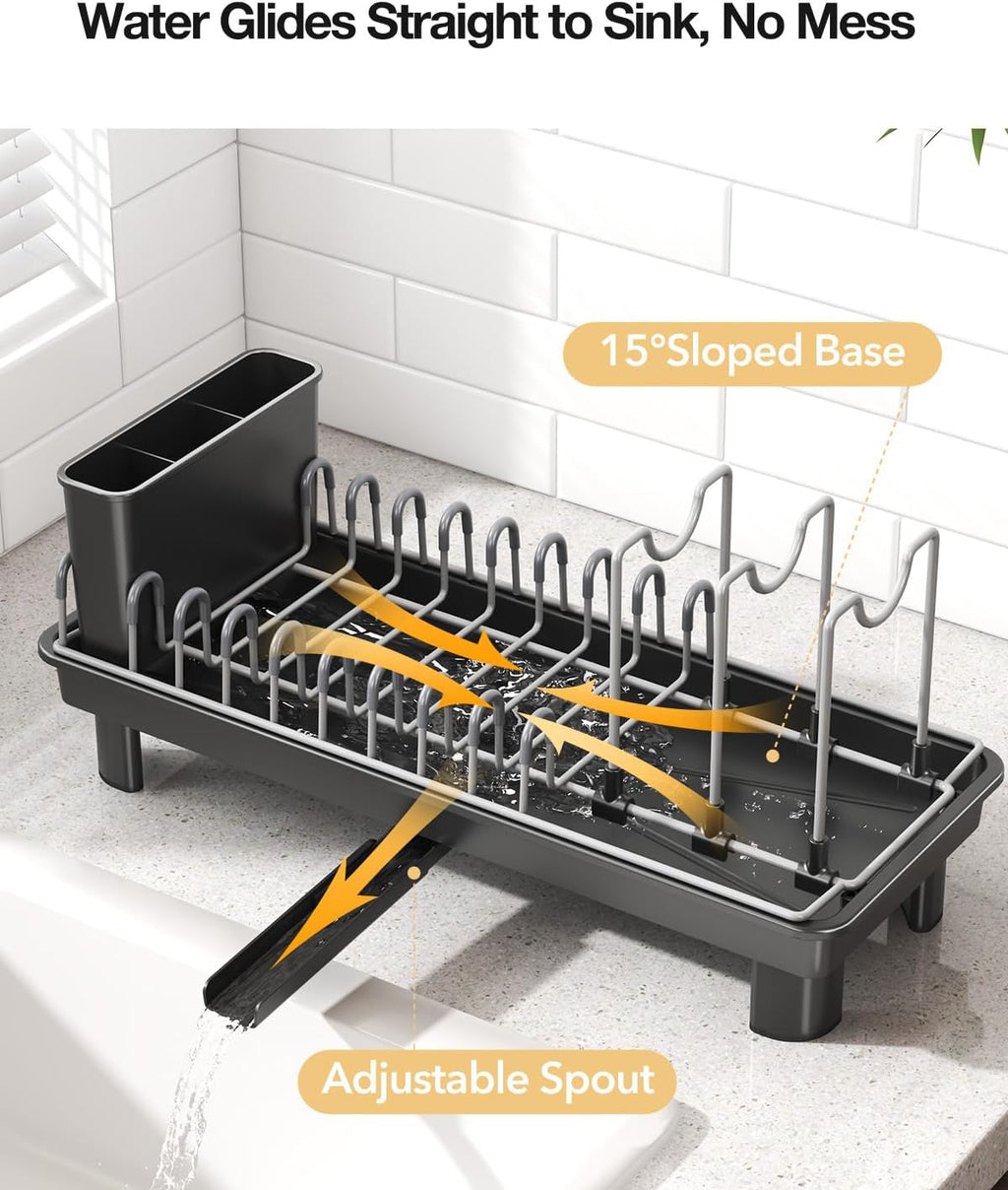Small Dish Drying Rack with Drainboard, Compact for Kitchen Counter, Black | Rustproof carbon steel with rotating spout, adjustable slots, removable utensil caddy. Space-saving - view 4