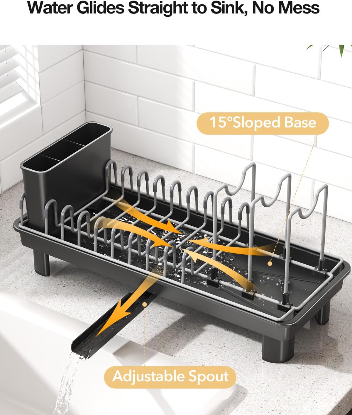 Small Dish Drying Rack with Drainboard, Compact for Kitchen Counter, Black | Rustproof carbon steel with rotating spout, adjustable slots, removable utensil caddy. Space-saving - view 4