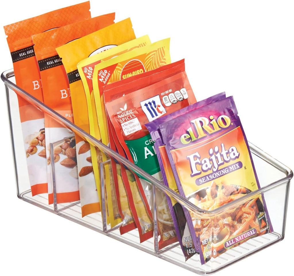 Plastic 4-Section Food Packet Organizer - Storage for Kitchen, Pantry, Cabinet, or Countertop - Organization for Spice Packets, Hot Chocolate, Seasoning Pouches, Ligne Collection, Clear