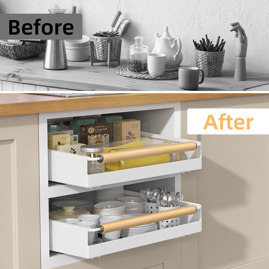 Pull Out Cabinet Organizer, 15.3'' Deep Expandable Slide Out Cabinet Organizer Fixed with Adhesive Nano Film, Slide Out Drawers Pull Out Tray for Cabinet in Kitchen, Pantry, Bathroom, White - view 5