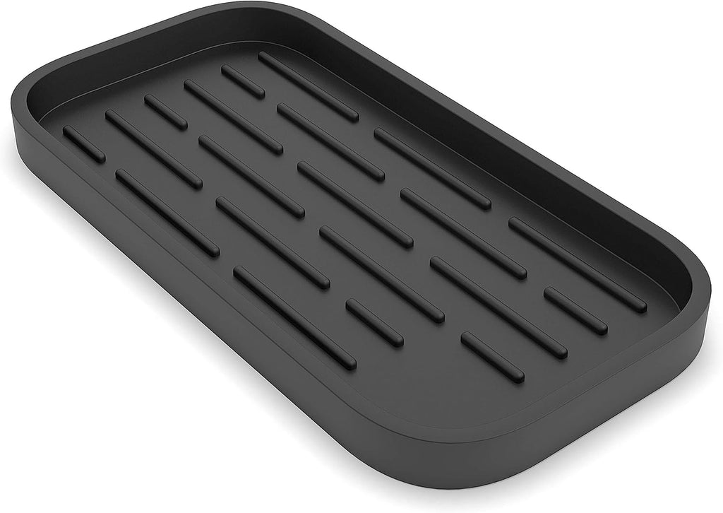 Kitchen sink organizer, silicone sponge holder - storage tray for dish sponge, soap dispenser, scrubber 9.6" x 4.9" (black)