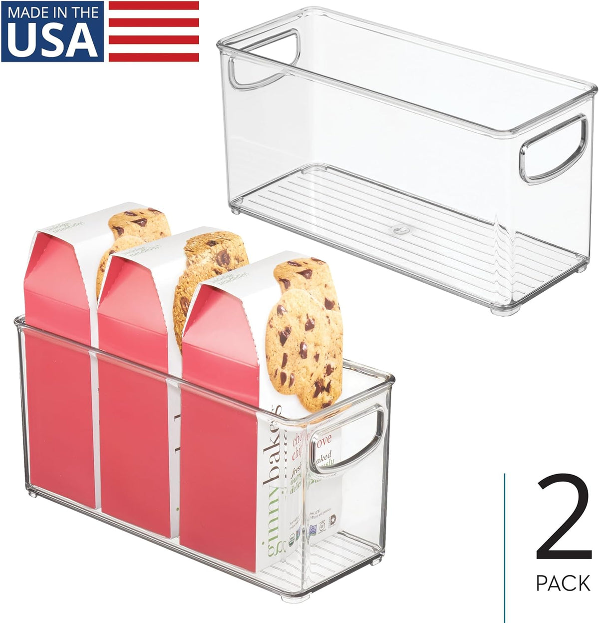 Plastic Stackable Pantry Bin, Set of 2, Clear | Storage Bin with Handles, For Cabinets or Fridge - view 2