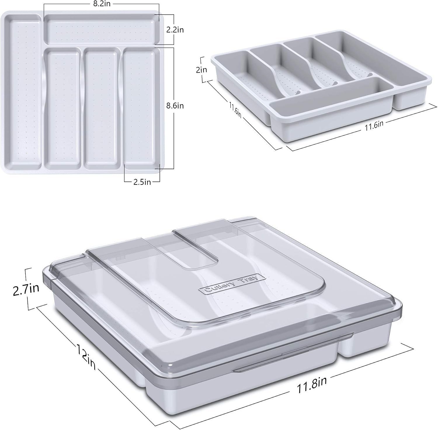 Utensil holder for countertop with lid, plastic silverware tray for drawer, 5 compartments flatware organizer, white - view 4