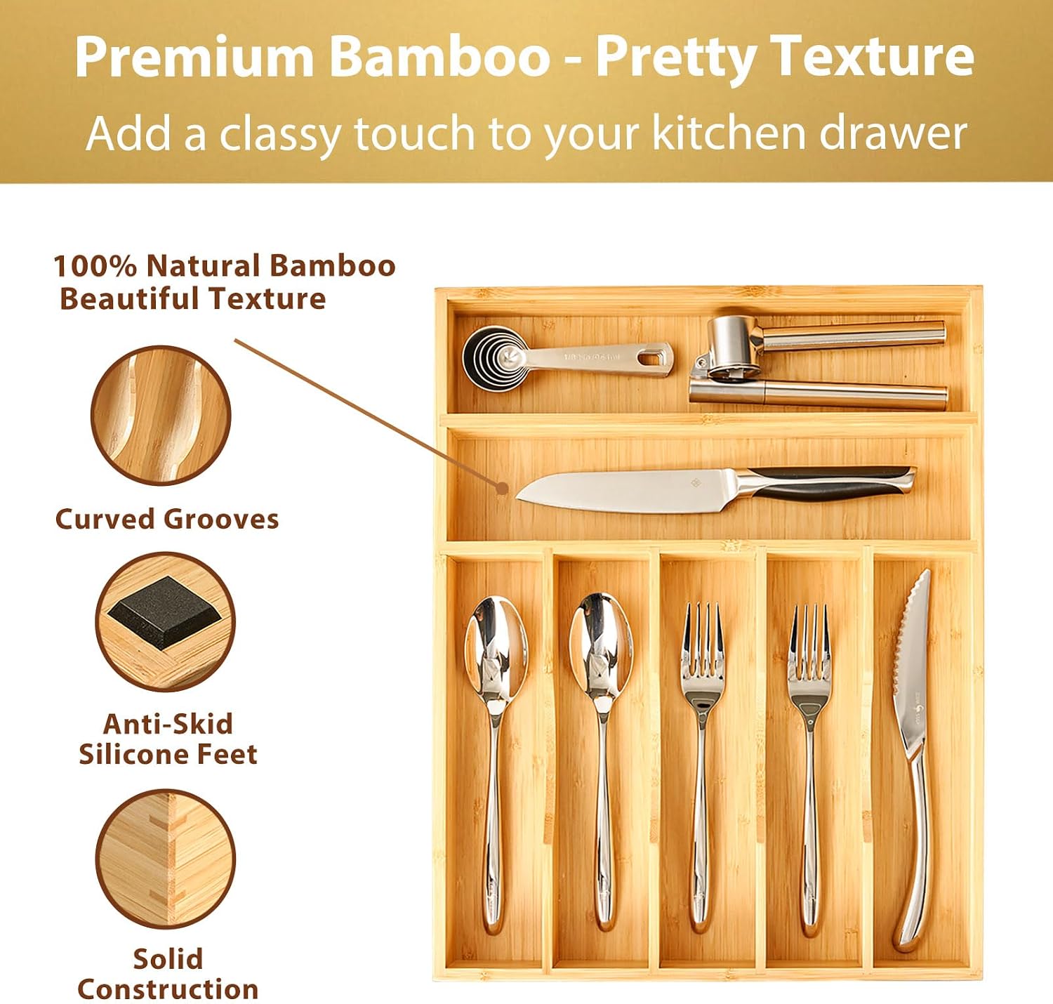 Bamboo kitchen drawer organizer, 13 inch silverware utensil tray holder, extra deep grooved drawer divider, 7 slots total bamboo wood caddy for flatware cutlery knives, forks, spoons - view 2