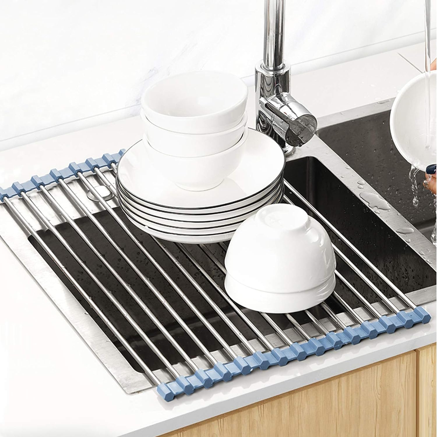 Over The Sink Dish Drying Rack, Roll Up Dish Drying Rack Kitchen Dish Rack Stainless Steel Sink Drying Rack, Foldable Dish Drainer, 17.5''x11.8'' - view 2