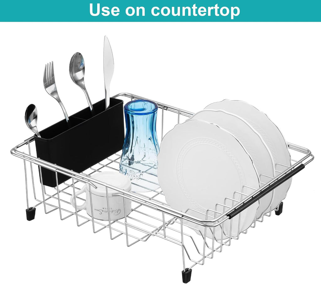 Expandable multifunctional dish drying rack, over the sink, in sink or on counter dish drainer basket shelf with black utensil silverware holder, rustproof stainless organizer - view 3