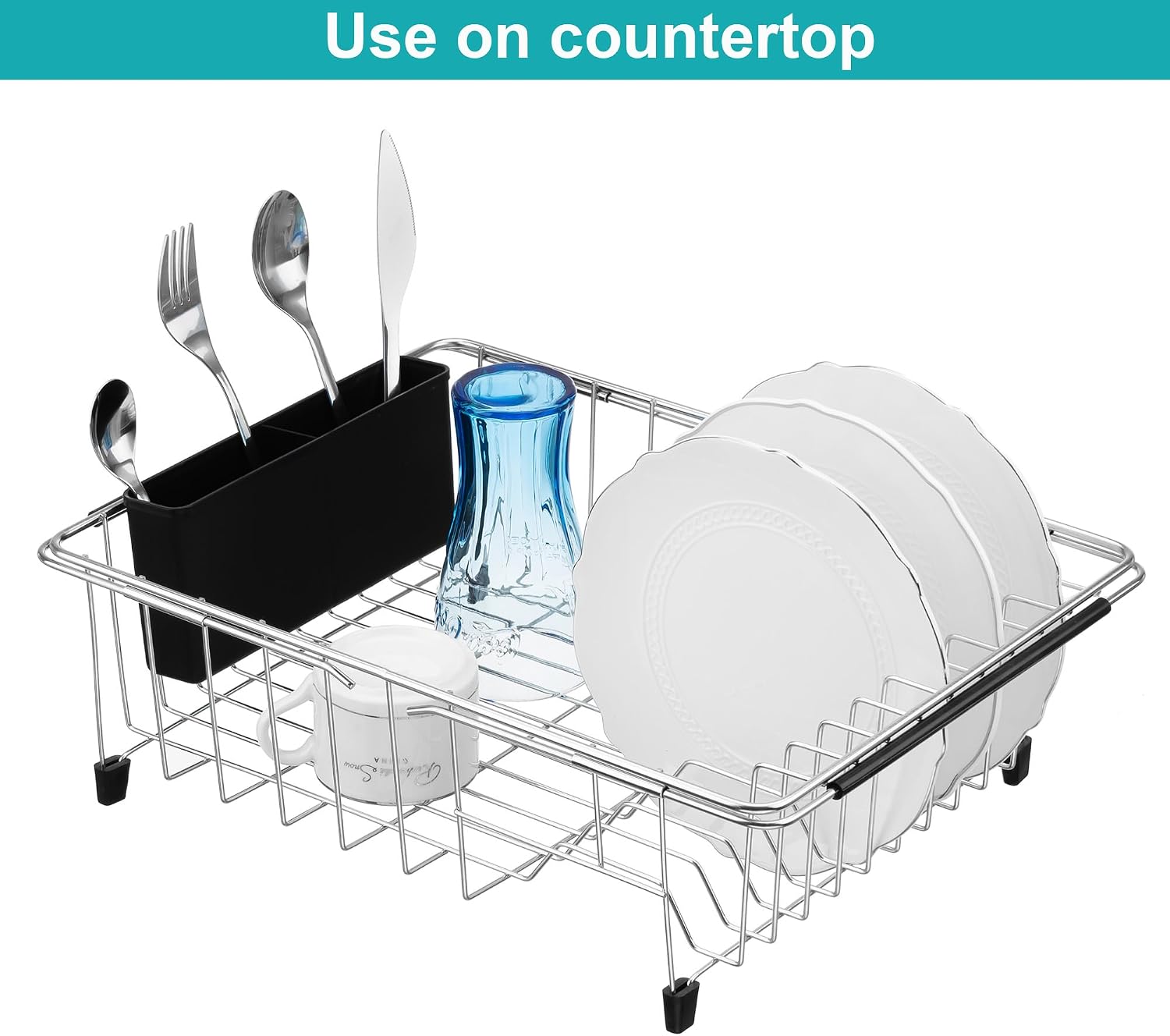 Expandable multifunctional dish drying rack, over the sink, in sink or on counter dish drainer basket shelf with black utensil silverware holder, rustproof stainless organizer - view 3