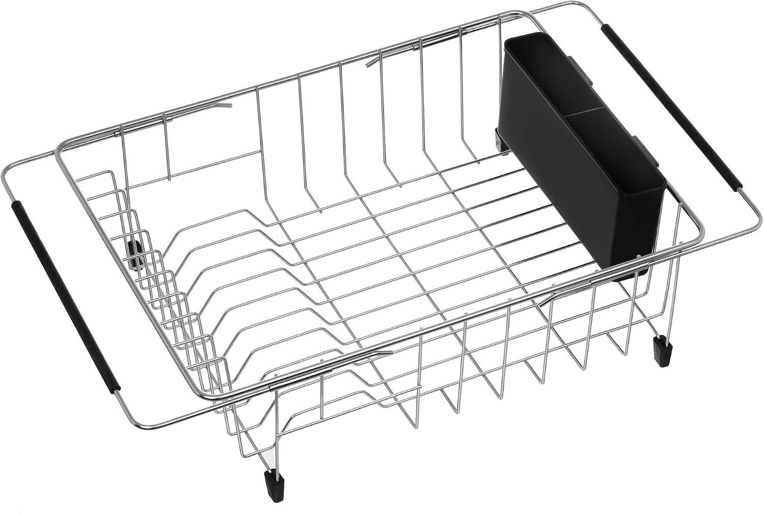 Expandable multifunctional dish drying rack, over the sink, in sink or on counter dish drainer basket shelf with black utensil silverware holder, rustproof stainless organizer