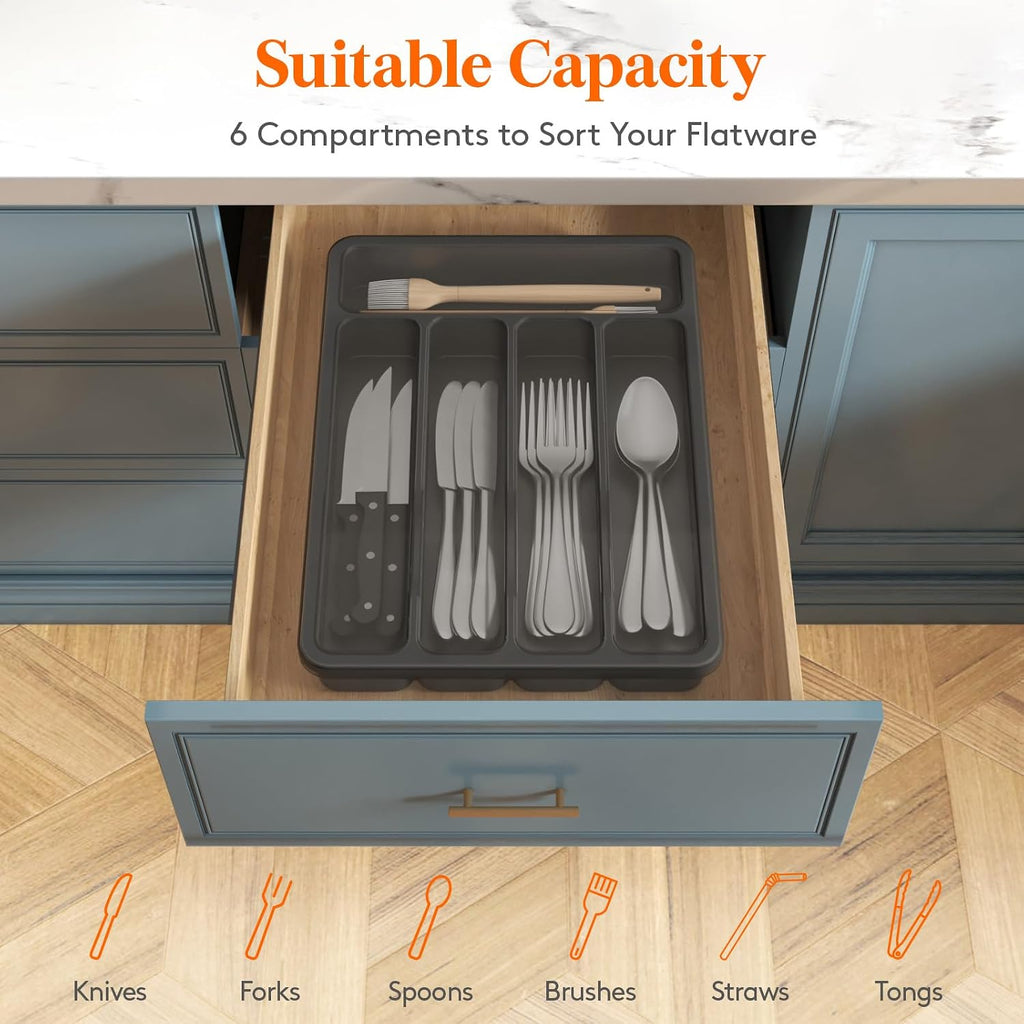 Silverware organizer with lid, covered utensil tray for kitchen drawer and countertop, plastic cutlery and flatware storage box for spoons forks knives holder case, 23 x 32 cm, black - view 3