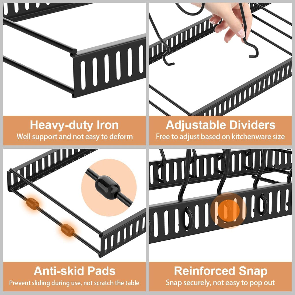 Pot and Pan Lid Organizer Holder Storage Rack, Black | 12"-23" Expandable, 14 Adjustable Dividers, Sturdy Metal Construction, Easy Assembly - view 3