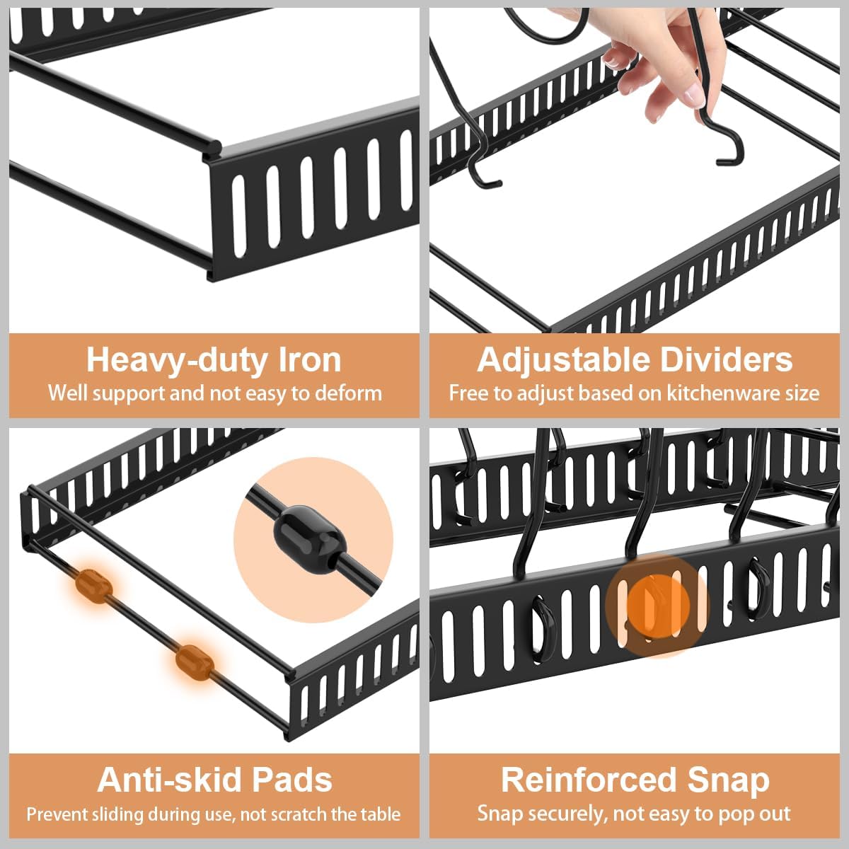 Pot and Pan Lid Organizer Holder Storage Rack, Black | 12"-23" Expandable, 14 Adjustable Dividers, Sturdy Metal Construction, Easy Assembly - view 3