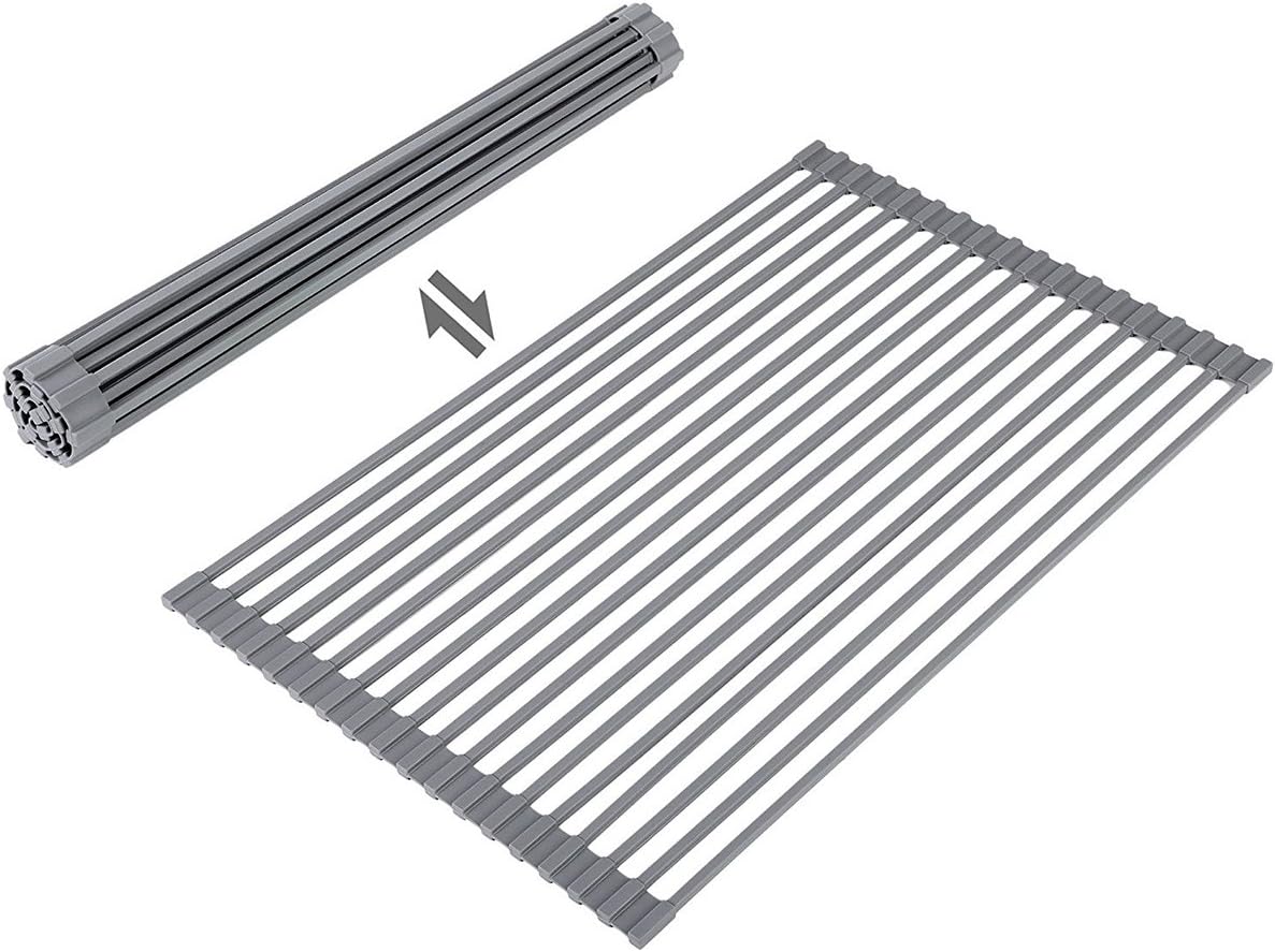 Large Roll up Dish Drying Rack 20.5'' Silicone Over Sink Dish Drying Rack Cubic Silicone Wrapped Steel Solid Bars Dish Racks for Kitchen Counter Sink Drying Rack (Matte Black, Large20.5"Lx13"W) - view 5