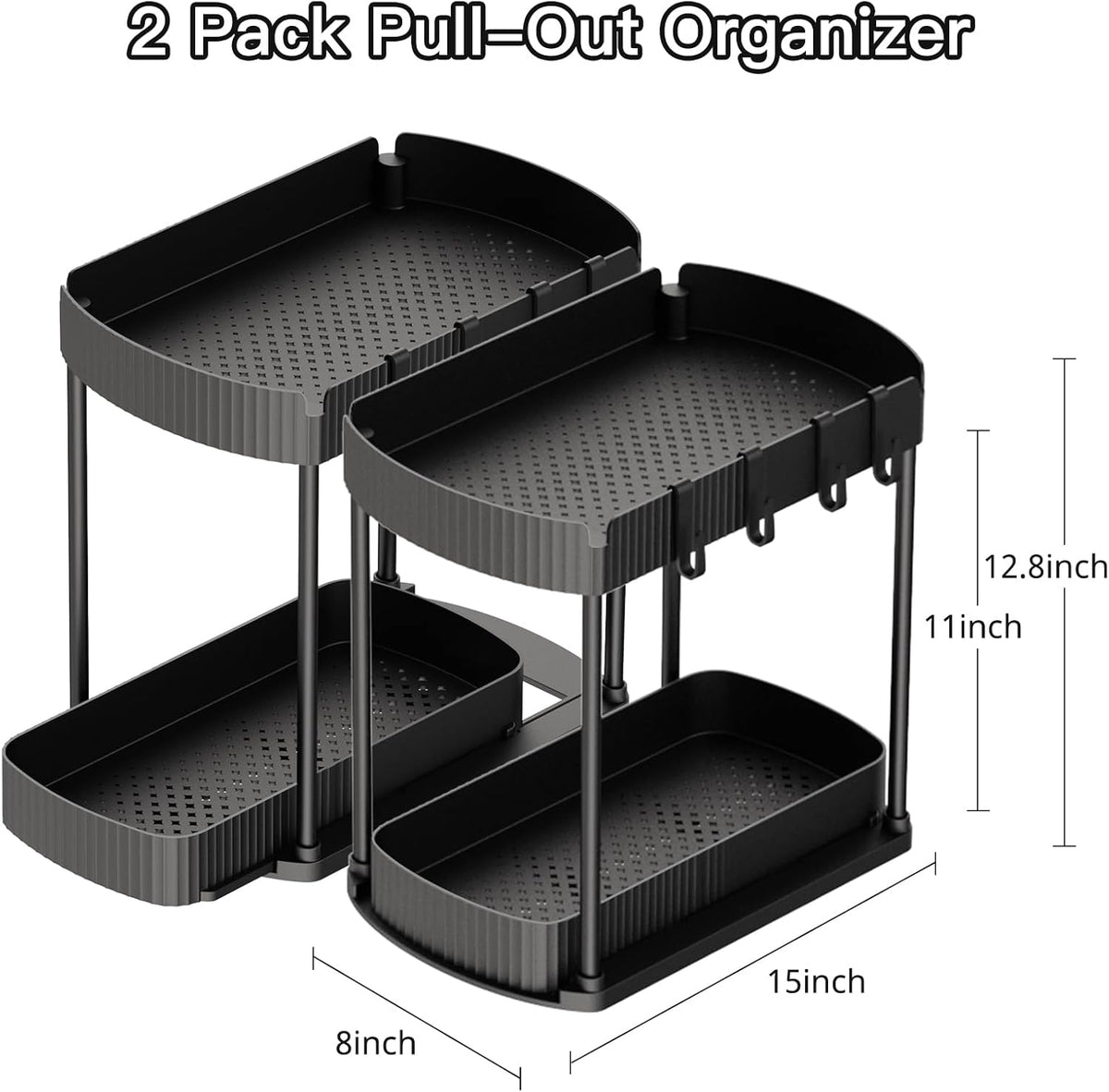 Multi-Purpose Pull-Out Storage Organizers, Under Sink/Cabinet Organizers and Storage for Bathroom & Kitchen, Black, 12.8 Inches, 2 Packs - view 2