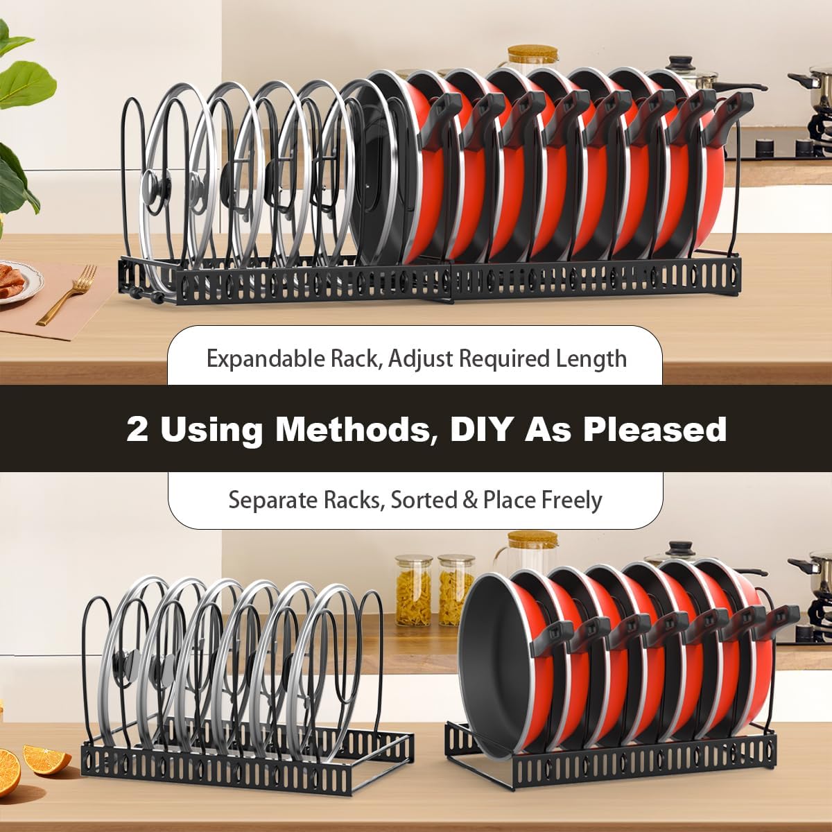 Pot and Pan Lid Organizer Holder Storage Rack, Black | 12"-23" Expandable, 14 Adjustable Dividers, Sturdy Metal Construction, Easy Assembly - view 4