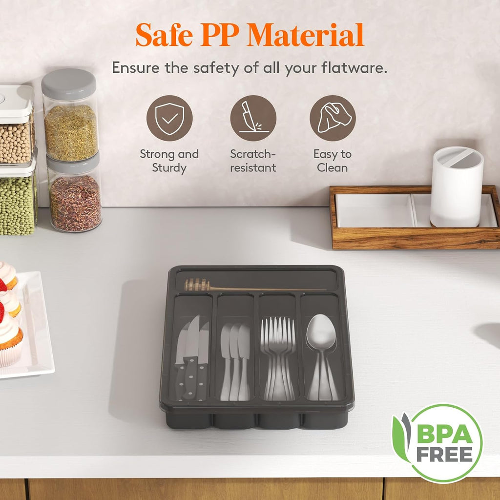 Silverware organizer with lid, covered utensil tray for kitchen drawer and countertop, plastic cutlery and flatware storage box for spoons forks knives holder case, 23 x 32 cm, black - view 5