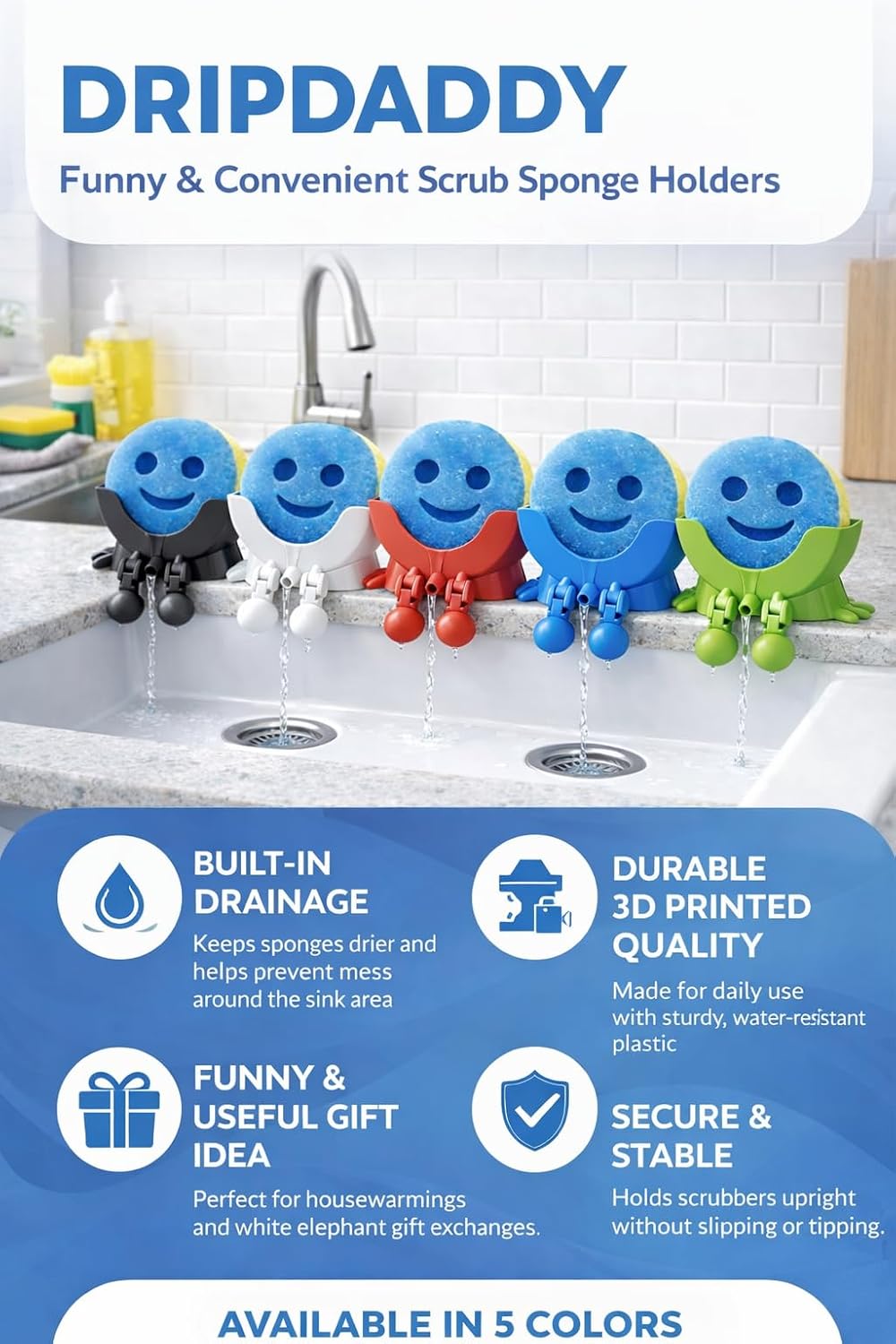 Drip Daddy Original USA Made Sink Caddy Rack with Drainage – Funny Scrub Sponge Holder & Soap Organizer, Compact Kitchen Countertop Storage Stand Accessory (Blue) - view 5
