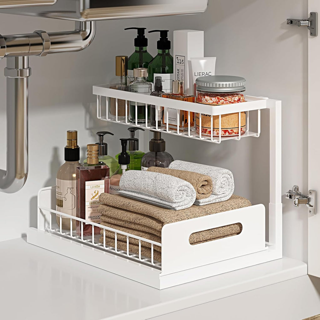 REALINN Under Sink Organizer, Pull Out Cabinet Organizer 2 Tier Slide Out Sink Shelf Cabinet Storage Shelves, Under Sink Storage for Kitchen Bathroom Cabinet, White, 1 Pack | Slide Out Sink Shelf Cabinet Storage Shelves, Under Sink Storage for Kitchen Bat