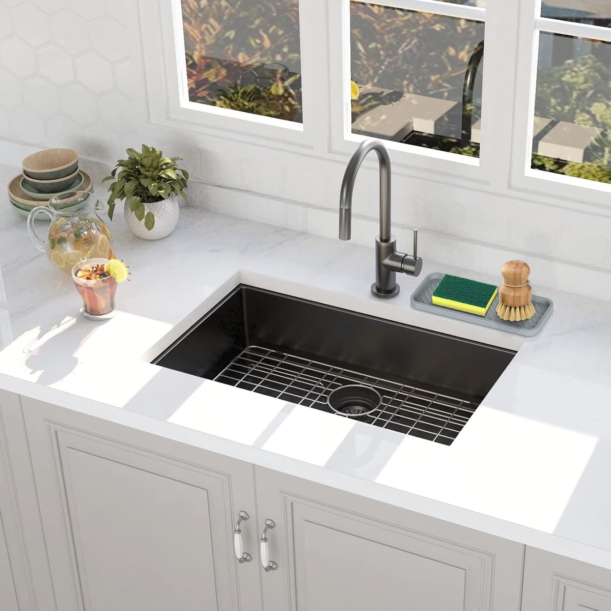 Kitchen sink organizer tray, 2 pack silicone sponge holder for sink bathroom, silicone soap/sink/drip tray, small mats for kitchen counter, soap dish tray for dispenser bottle, dishwashing accessories - view 6