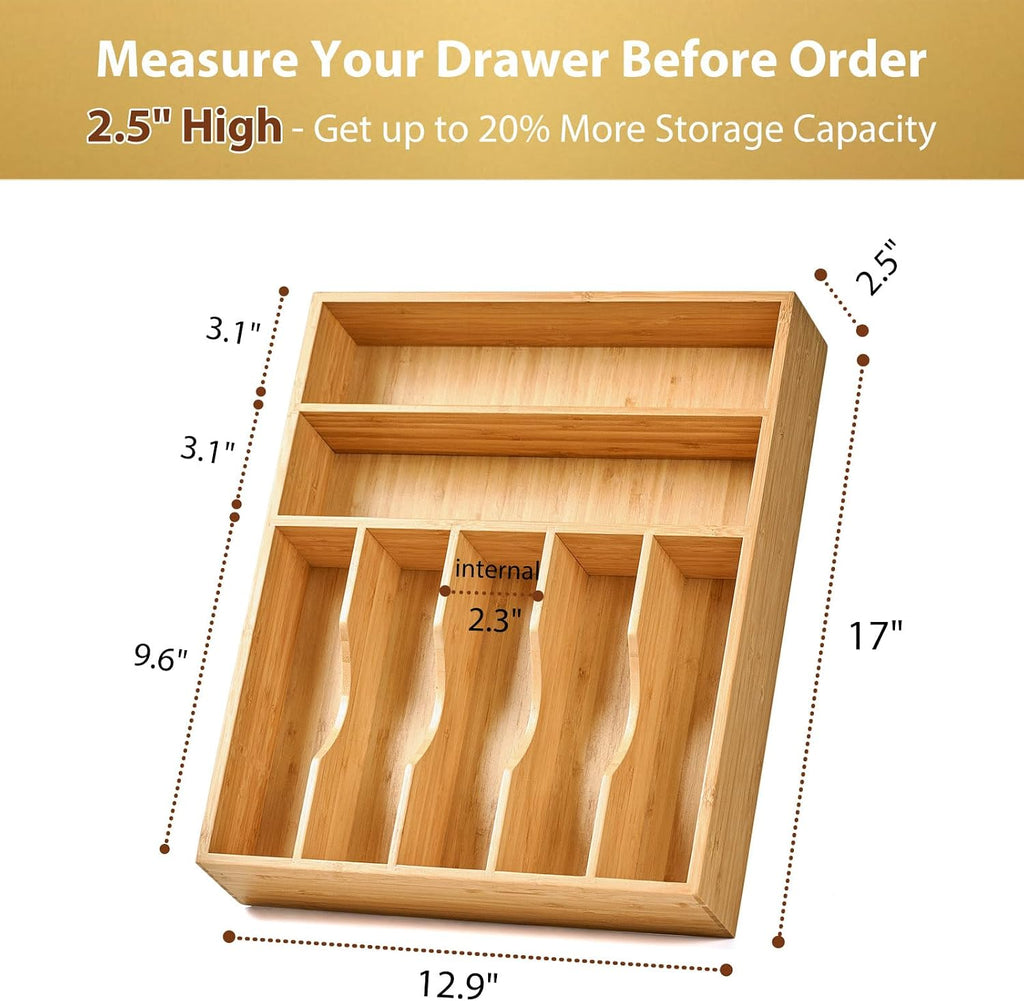 Bamboo kitchen drawer organizer, 13 inch silverware utensil tray holder, extra deep grooved drawer divider, 7 slots total bamboo wood caddy for flatware cutlery knives, forks, spoons - view 3