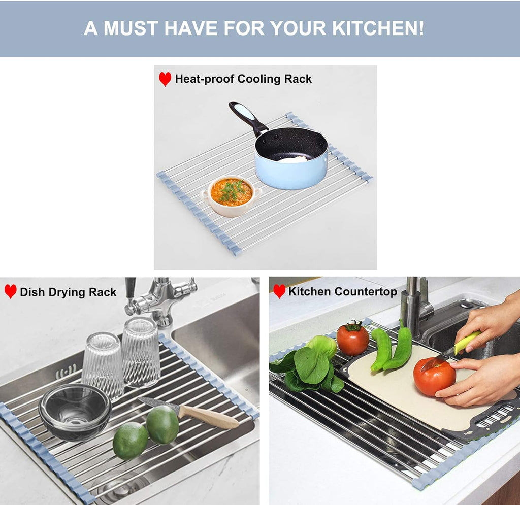 Over The Sink Dish Drying Rack, Roll Up Dish Drying Rack Kitchen Dish Rack Stainless Steel Sink Drying Rack, Foldable Dish Drainer, 17.5''x11.8'' - view 4