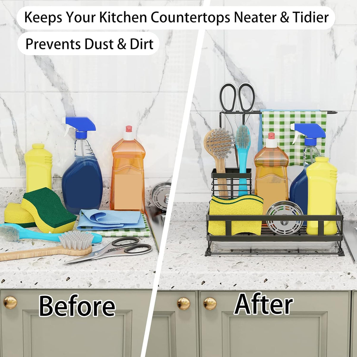 Kitchen Sink Organizer with Brush Rack - Sink Caddy with Drain-Pan | Stainless Steel Sponge Holder for Kitchen Sink with Towel Rack, Organizer for Dish Soap Dispenser, 10.5"L × 5.9"W × 10.5"H - view 4