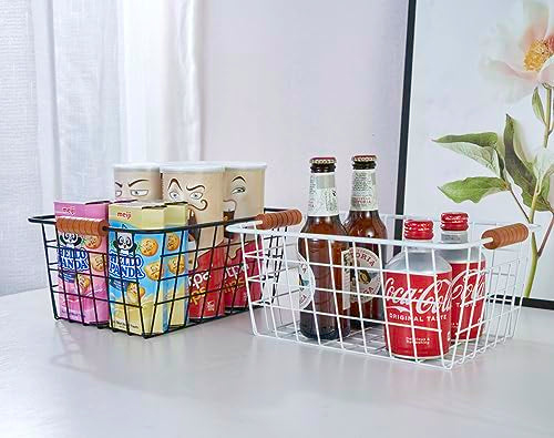 Wire Kitchen Storage Basket 2 Packs,Perfect Pantry Organization Accessories Baskets,Laundry Basket,With a Wooden Handle,Suitable for Kitchen,Bathroom,Bedroom,Tabletop,Stackable,White - view 7