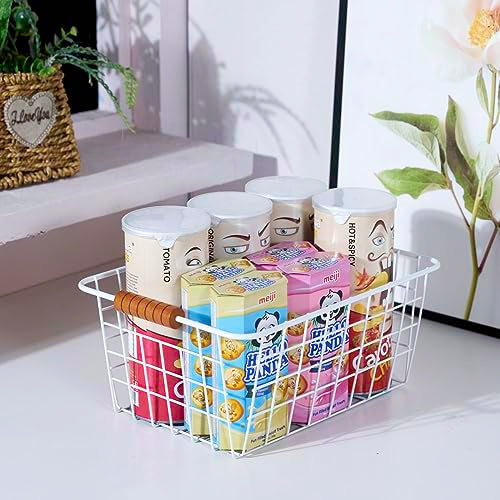 Wire Kitchen Storage Basket 2 Packs,Perfect Pantry Organization Accessories Baskets,Laundry Basket,With a Wooden Handle,Suitable for Kitchen,Bathroom,Bedroom,Tabletop,Stackable,White - view 4
