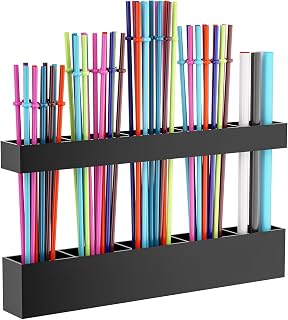 Straw Holder for Cabinet Door, Reusable Tumbler Straw Organizer Storage Container Mount for Kitchen Counter Cupboard Door (Black, 9.5inch)