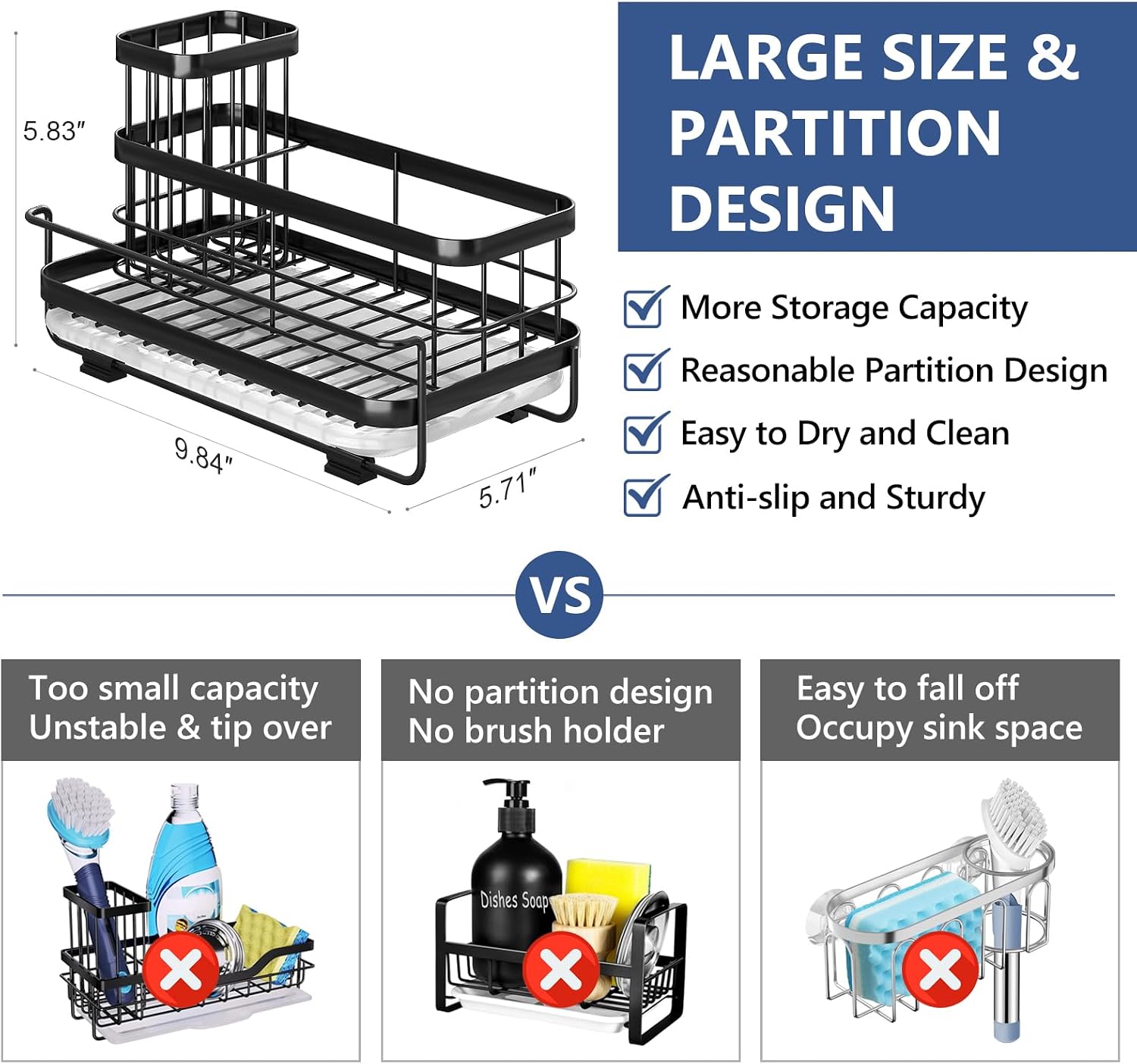 Trendy Sink Caddy Kitchen Organizer, Non-Slip Dish Soap Dispenser Rack with Drain Tray, Rustproof Brush Holder for Countertop Storage (Matte Black) - view 4