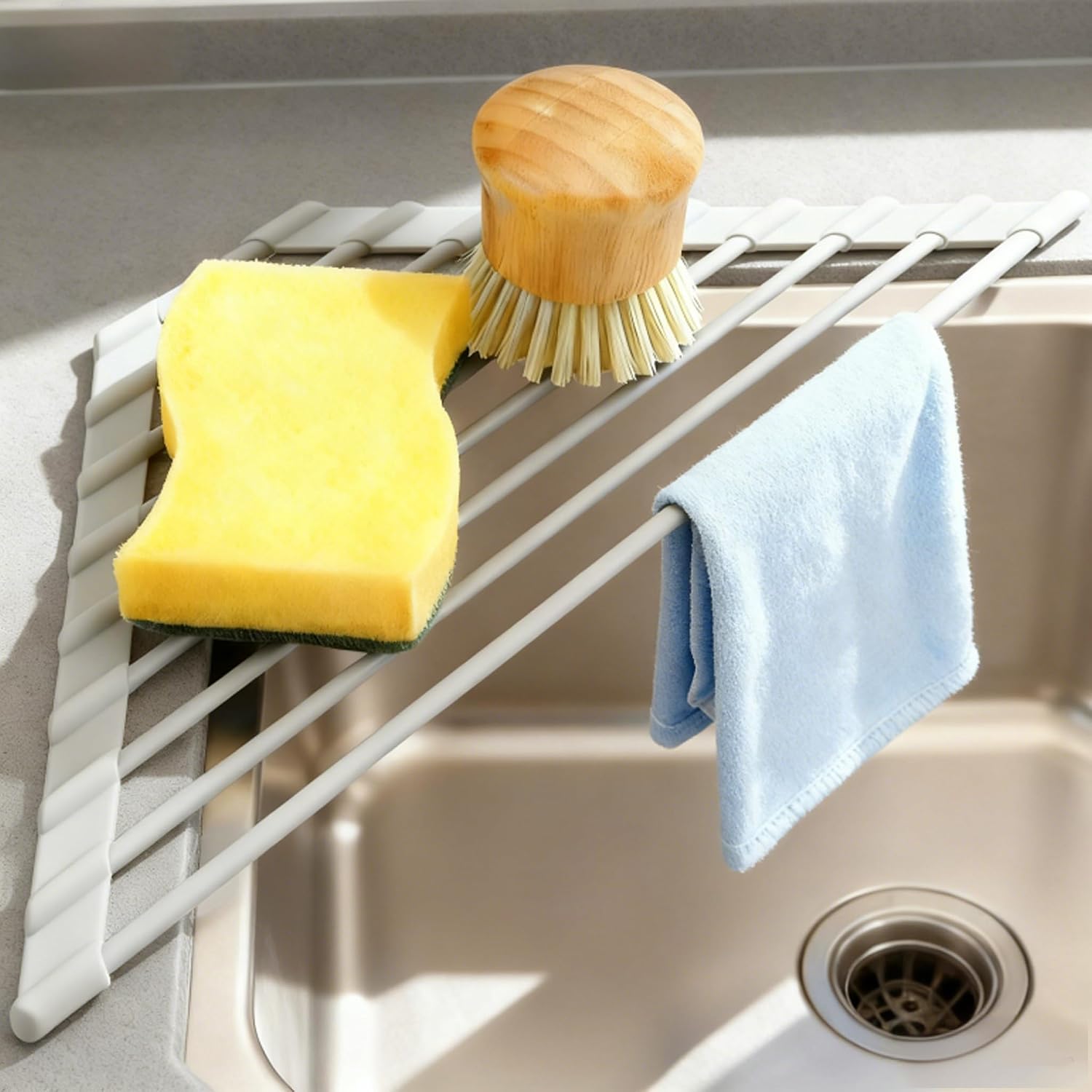 Triangle Roll Up Dish Drying Rack Over The Sink, 2025 Anti-Rust Sink Drying Rack with Full Silicone Wrapped for Top of Corner, Anti-Slip Organizer for Kitchen