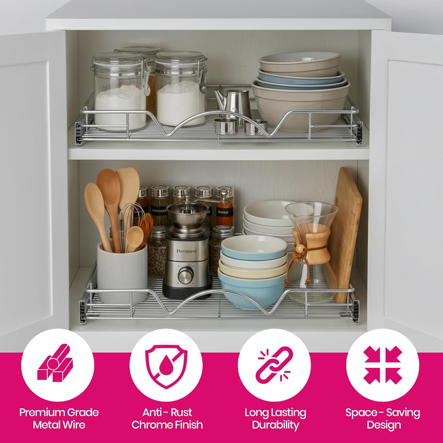 HOLDN’ STORAGE Pull Out Cabinet Organizer, 14”W x 21”D Cabinet Drawer | Heavy-Duty Caddy, Lifetime Limited Warranty, Steel Metal Cabinet Drawers, Chrome, Requires At Least 15-1/4” Cabinet Opening - view 5