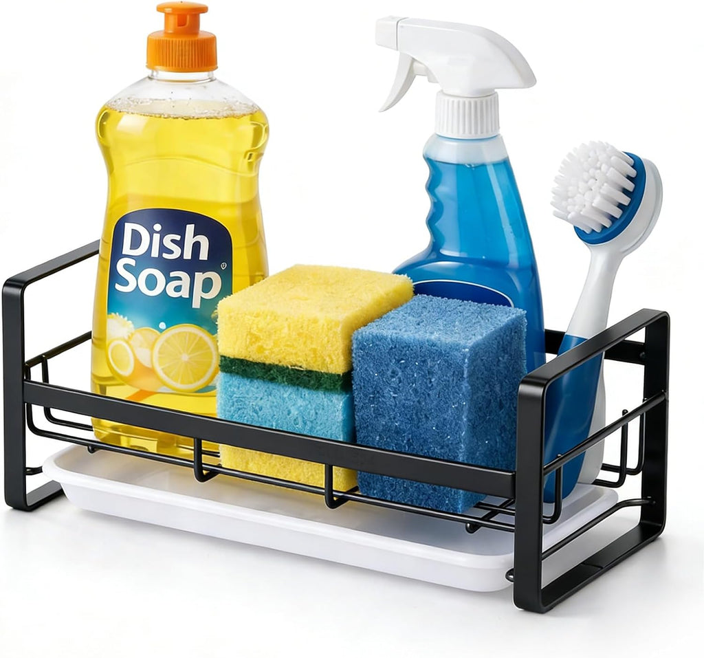 Kitchen Sink Sponge Holder, 304 Stainless Steel Kitchen Soap Dispenser Caddy Organizer, Countertop Soap Dish Rack Drainer with Removable Drain Tray, not Including Dispenser and Brush | Removable Drain Tray, Holds Sponges Soap Bottles Brushes, Countertop S - view 7
