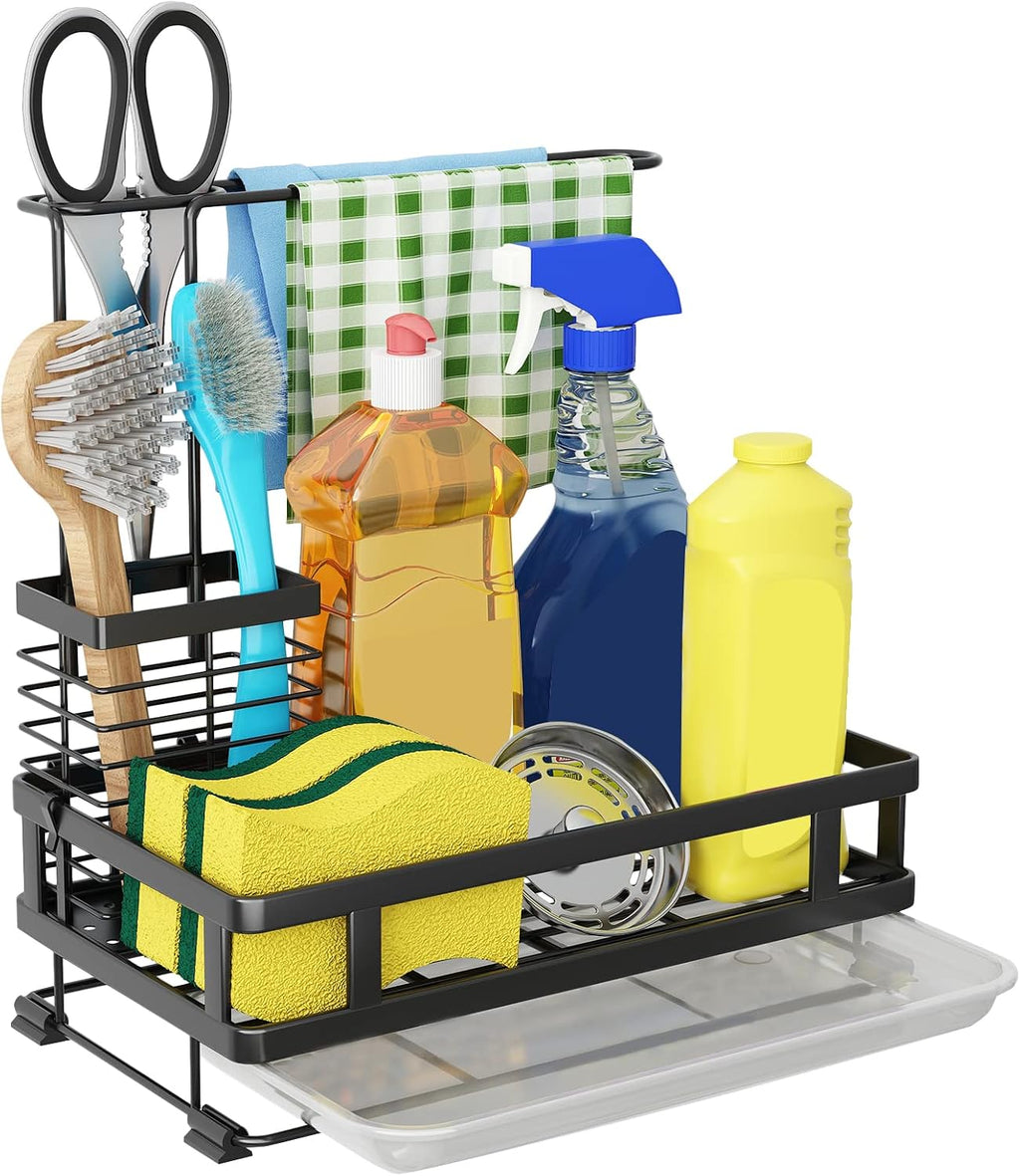 Kitchen Sink Organizer with Brush Rack - Sink Caddy with Drain-Pan | Stainless Steel Sponge Holder for Kitchen Sink with Towel Rack, Organizer for Dish Soap Dispenser, 10.5"L × 5.9"W × 10.5"H - view 8