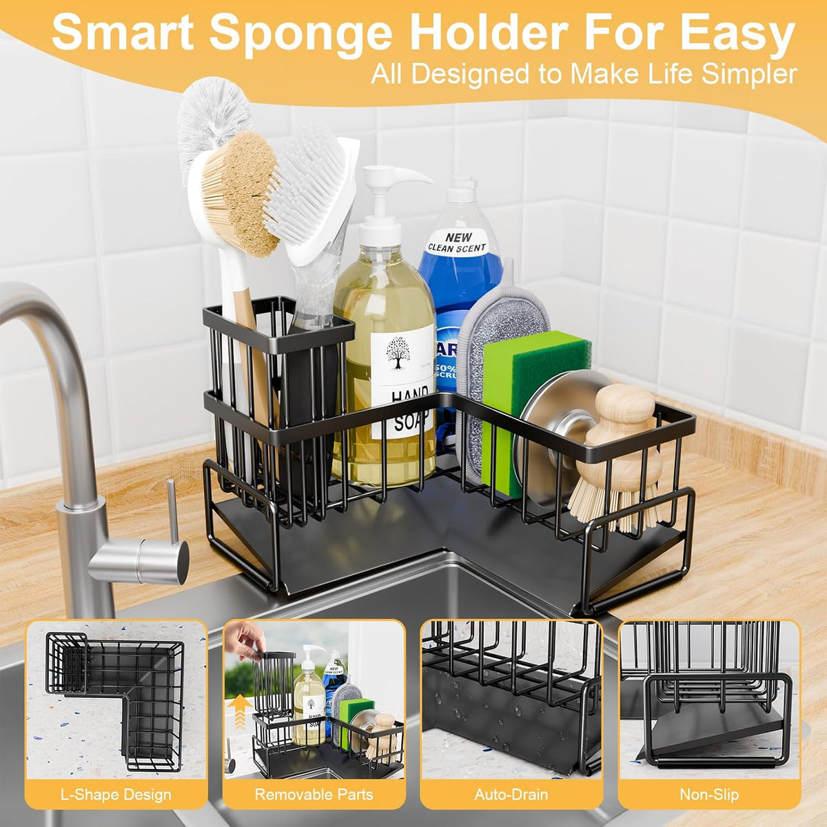 Kitchen L-Shaped Sponge Holder - Large Metal Sponge Sink Caddy | Black Metal Corner Sponge Caddy, Sloped Drain Tray for Sink, Kitchen Countertop Organizer Holds Soap Brush Sponge Non-Slip - view 5
