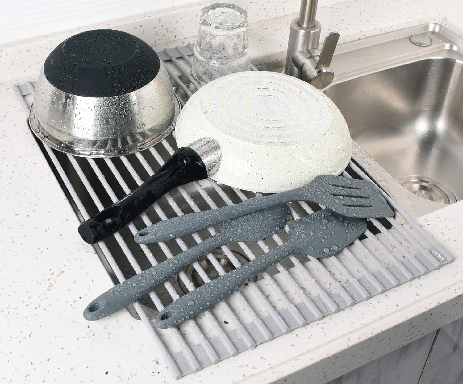 20.5 x 13.1 Inch Roll-Up Dish Drying Rack, Fits Across Sink Openings up to 19.5 Inches, Heavy-Duty Premium Silicone, Strong Support, Non-Slip, Heat-Resistant, Warm Gray - view 3