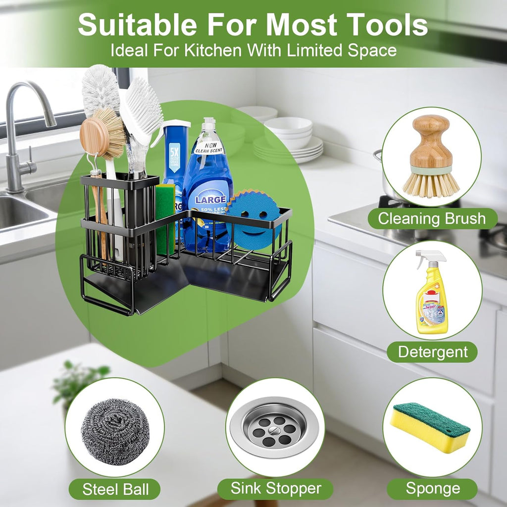 Large Sponge Holder for Kitchen Sink, 90-Degree Sink Caddy Storage | Self Draining Sponge Rack for Countertop, Metal L-Shaped Dish Soap Organizer with Brush Holder, Corner Sink Storage Ideas - view 4