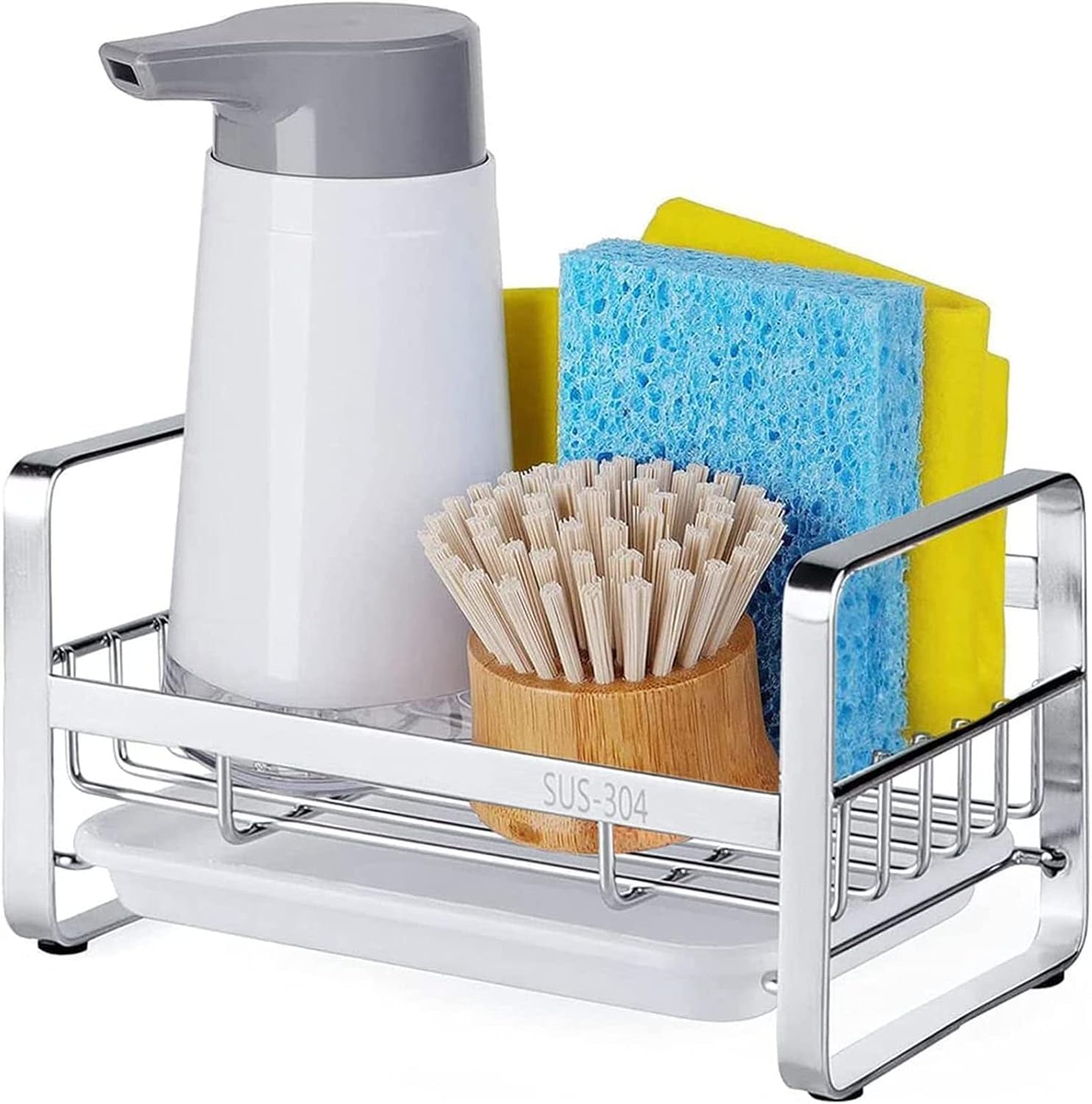 Kitchen Sink Sponge Holder, 304 Stainless Steel Kitchen Soap Dispenser Caddy Organizer, Countertop Soap Dish Rack Drainer with Removable Drain Tray, not Including Dispenser and Brush | Removable Drain Tray, Holds Sponges Soap Bottles Brushes, Countertop S