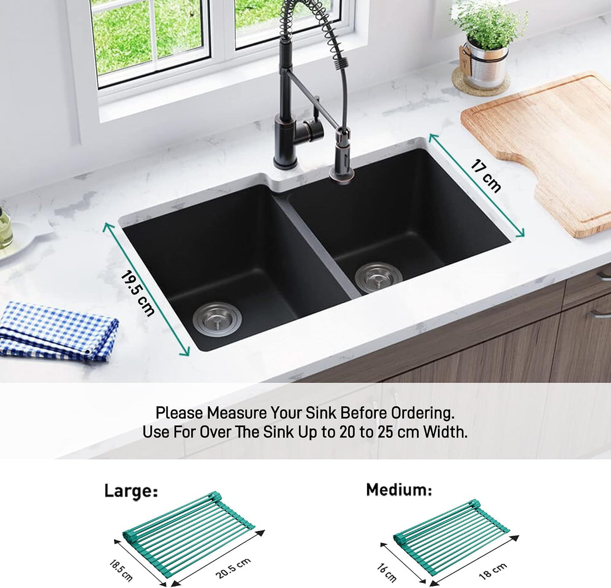 Dish Rack Over Sink, Roll Up Dish Drying Rack | Silicone & Stainless Steel Dish Drainer, Dish Drying Mat, Space Saving Drying Rack (Green, Medium) - view 2
