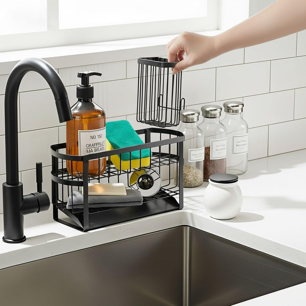 Kitchen Sink Organizer Caddy, 2 Tier Sink Caddy Organizer with High Brush Holder, Rust-Proof Countertop Rack (Black 10.6 * 4.3 * 5.7") for Kitchen Accessories & Dish Brushes - view 7