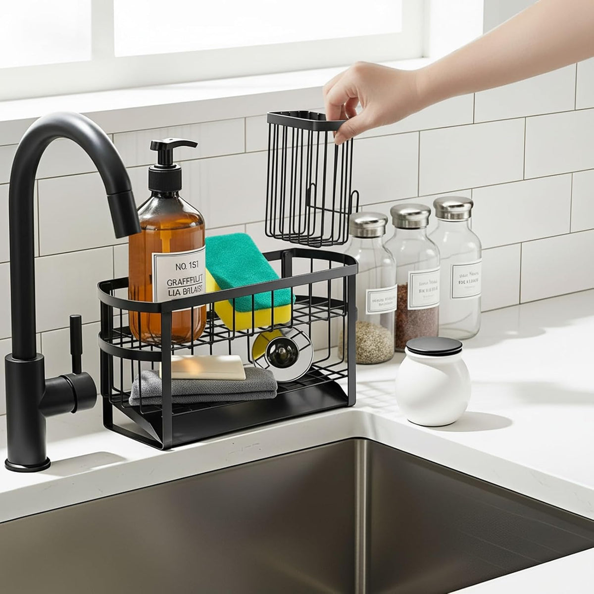 Kitchen Sink Organizer Caddy, 2 Tier Sink Caddy Organizer with High Brush Holder, Rust-Proof Countertop Rack (Black 10.6 * 4.3 * 5.7") for Kitchen Accessories & Dish Brushes - view 7
