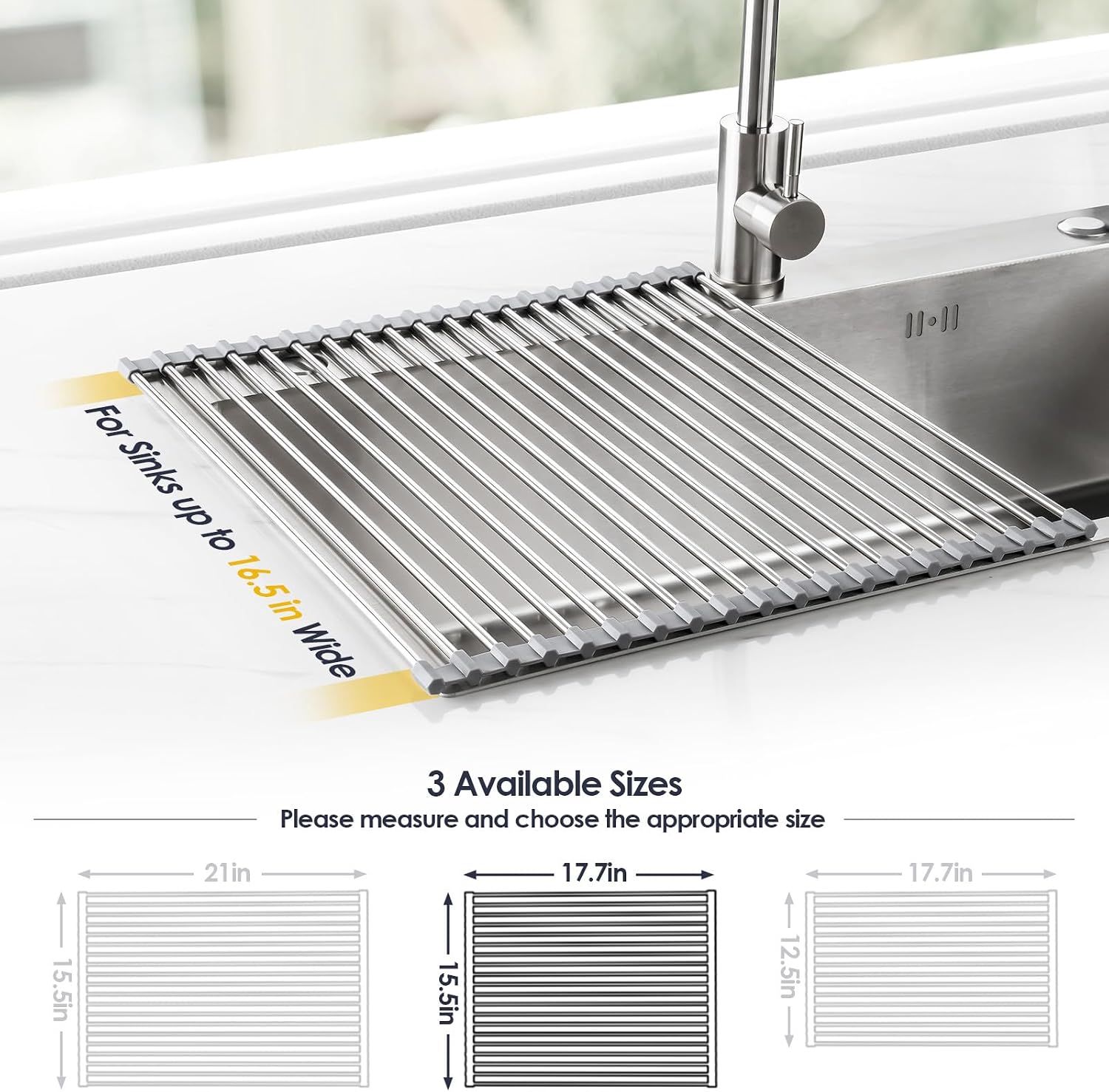 17.7" x 15.5" Roll Up Dish Drying Rack Over Sink Drying Rack Sink Cover Kitchen Sink Accessories Gadget Multipurpose Organizer Foldable Stainless Steel Drainer (Grey) | Anti-Slip Silicone Rims For Grip, Heat-Resistant Trivet Mat Holding Heavy Cookware, Ru - view 2
