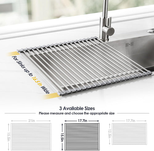 17.7" x 15.5" Roll Up Dish Drying Rack Over Sink Drying Rack Sink Cover Kitchen Sink Accessories Gadget Multipurpose Organizer Foldable Stainless Steel Drainer (Grey) | Anti-Slip Silicone Rims For Grip, Heat-Resistant Trivet Mat Holding Heavy Cookware, Ru - view 2