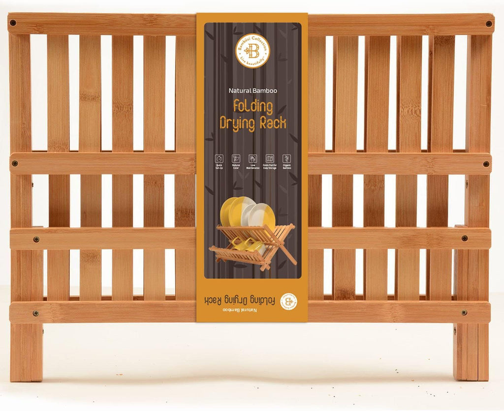 Collapsible dish drying rack 2-tier bamboo dish drainer for kitchen counter | no assembly wooden dish rack, compact dish strainer, holds plates cups bowls mugs utensils, folds flat for small kitchens, RV - view 8