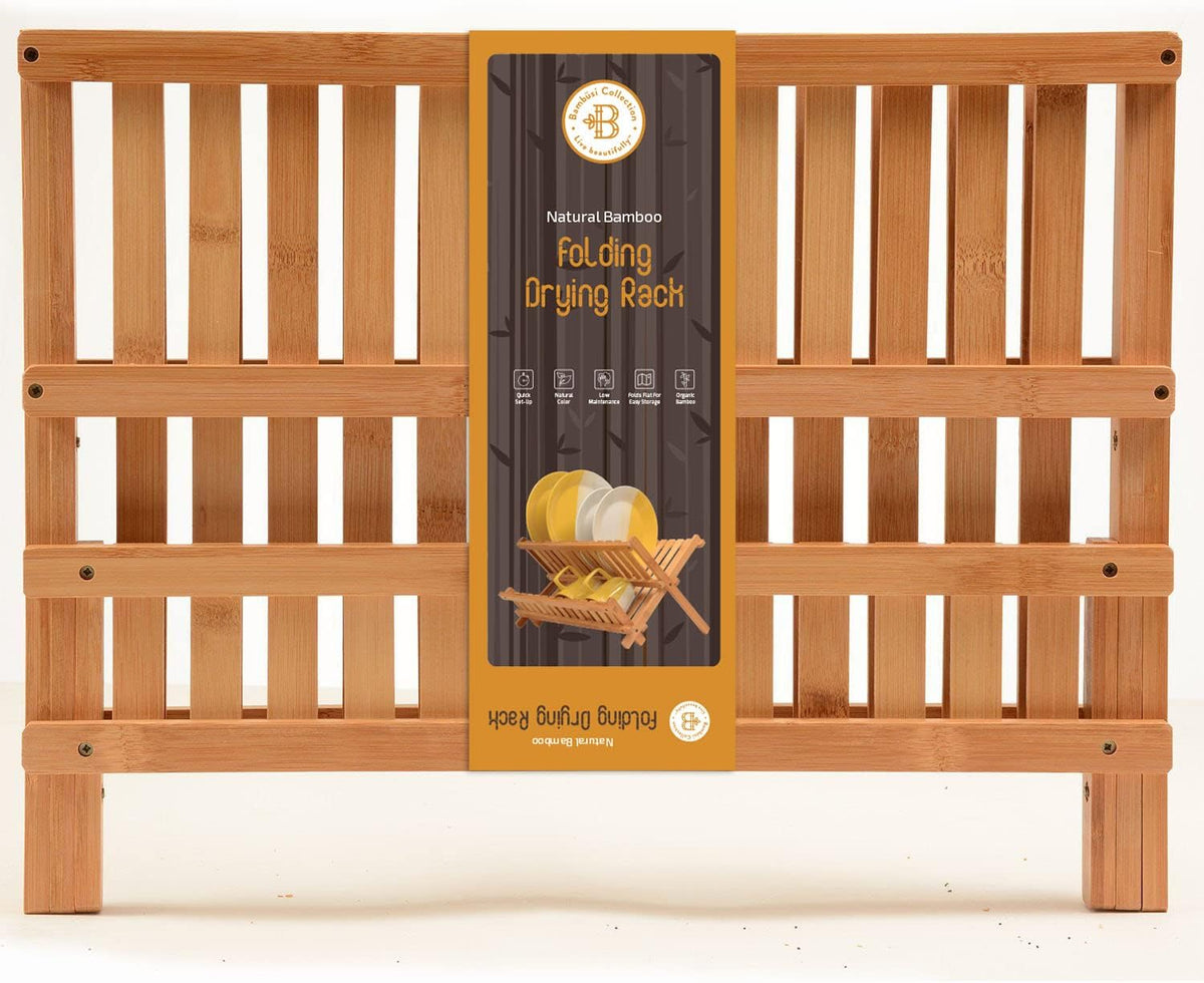 Collapsible dish drying rack 2-tier bamboo dish drainer for kitchen counter | no assembly wooden dish rack, compact dish strainer, holds plates cups bowls mugs utensils, folds flat for small kitchens, RV - view 8